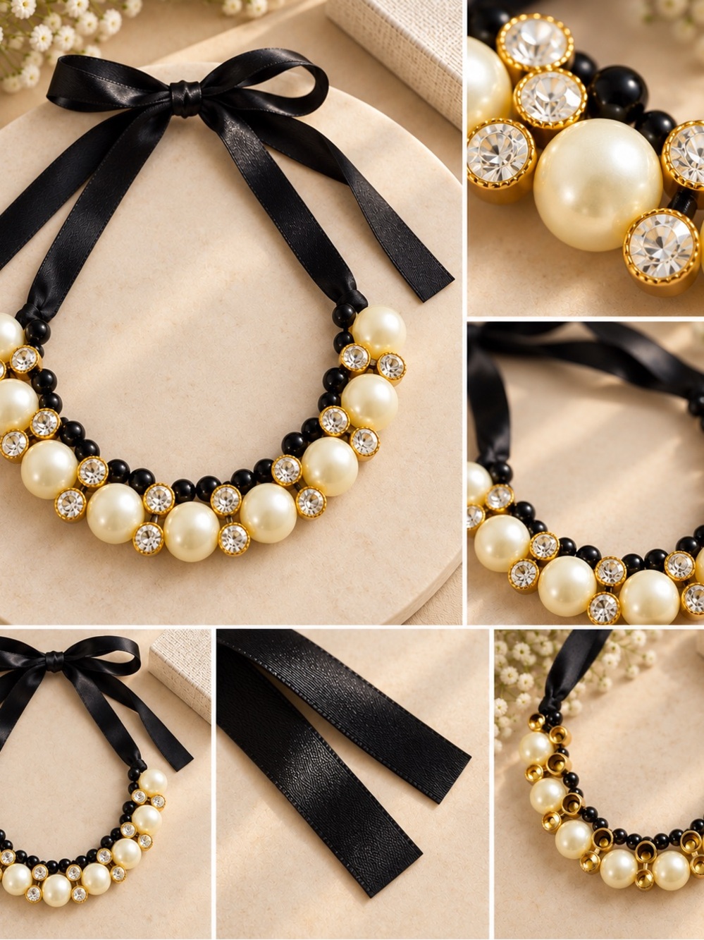 Pearl & Crystal Ribbon Tie Necklace in Black and Cream